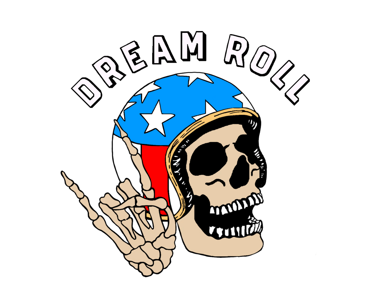 Dream Roll skull with hand and red white and blue helmet